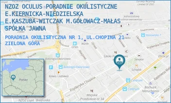 PORADNIA OKULISTYCZNA NR 1, UL.CHOPINA 21 - NZOZ OCULUS PORADNIE OKULISTYCZNE E.KIERNICKA-NIEDZIELSKA E.KASZUBA-WITCZAK M.GOŁOWACZ-MAŁAS SPÓŁKA JAWNA - UL. UL. CHOPINA 21,  ZIELONA GÓRA